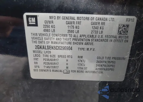 2012 GMC Terrain Sle-2 z USA, uszkodzony, nr VIN 2GKALSEK6C6296904